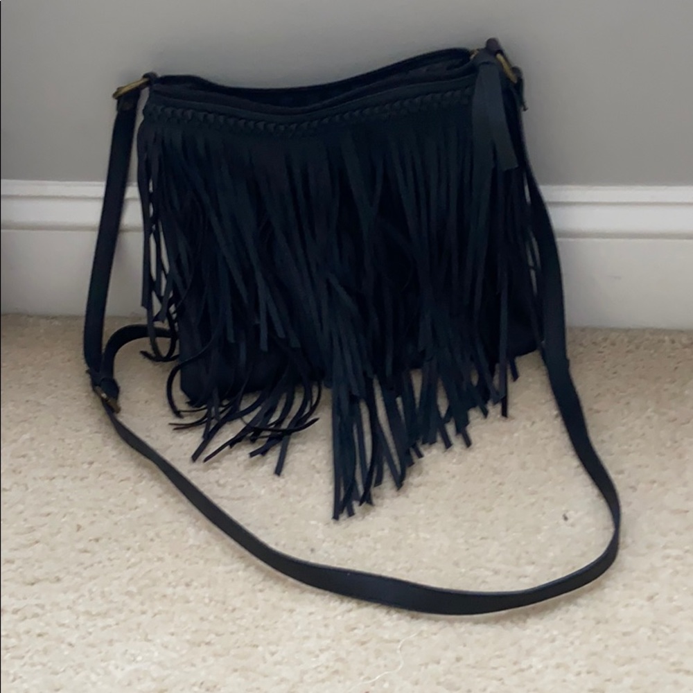black leather fringe side purse